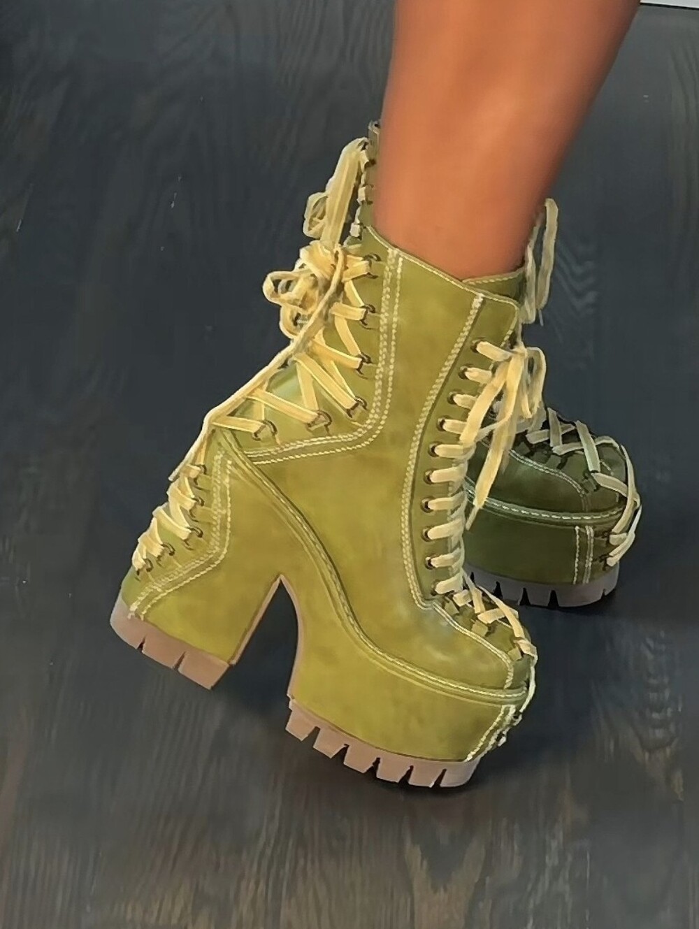 Dolls Kill Olive Green Platform Lace-Up Boots with Tan Laces - Picture 2 of 2